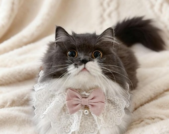 Haklapp i spets och pärlmaterial för katter, justerbar haklapp för dreglande, halsband för kattunge med rosett, elegant haklapp för katt, ragdoll-katttillbehör, rosa blå vin, doppresent