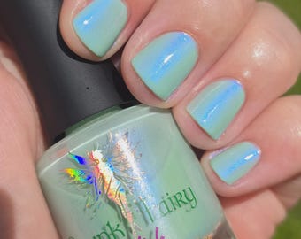 Touch Grass | A Tiffany Green Crelly Nail Polish with a Bright Purple Aurora Shimmer
