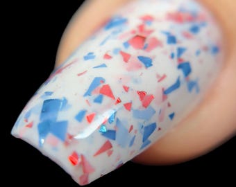 Thank You For Your Service | A White Crelly Nail Polish with Blue and Red Metallic Micro-Shreds