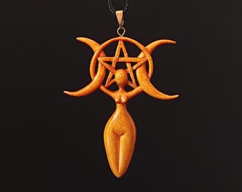 Hand-Carved Triple Goddess Pendant: Maple Wood Pentacle Necklace