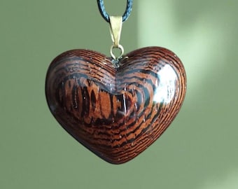 Hand Carved Wenge Heart Necklace | 3D Exotic Dark Wood Pendant | Romantic 5th Anniversary Gift for Her