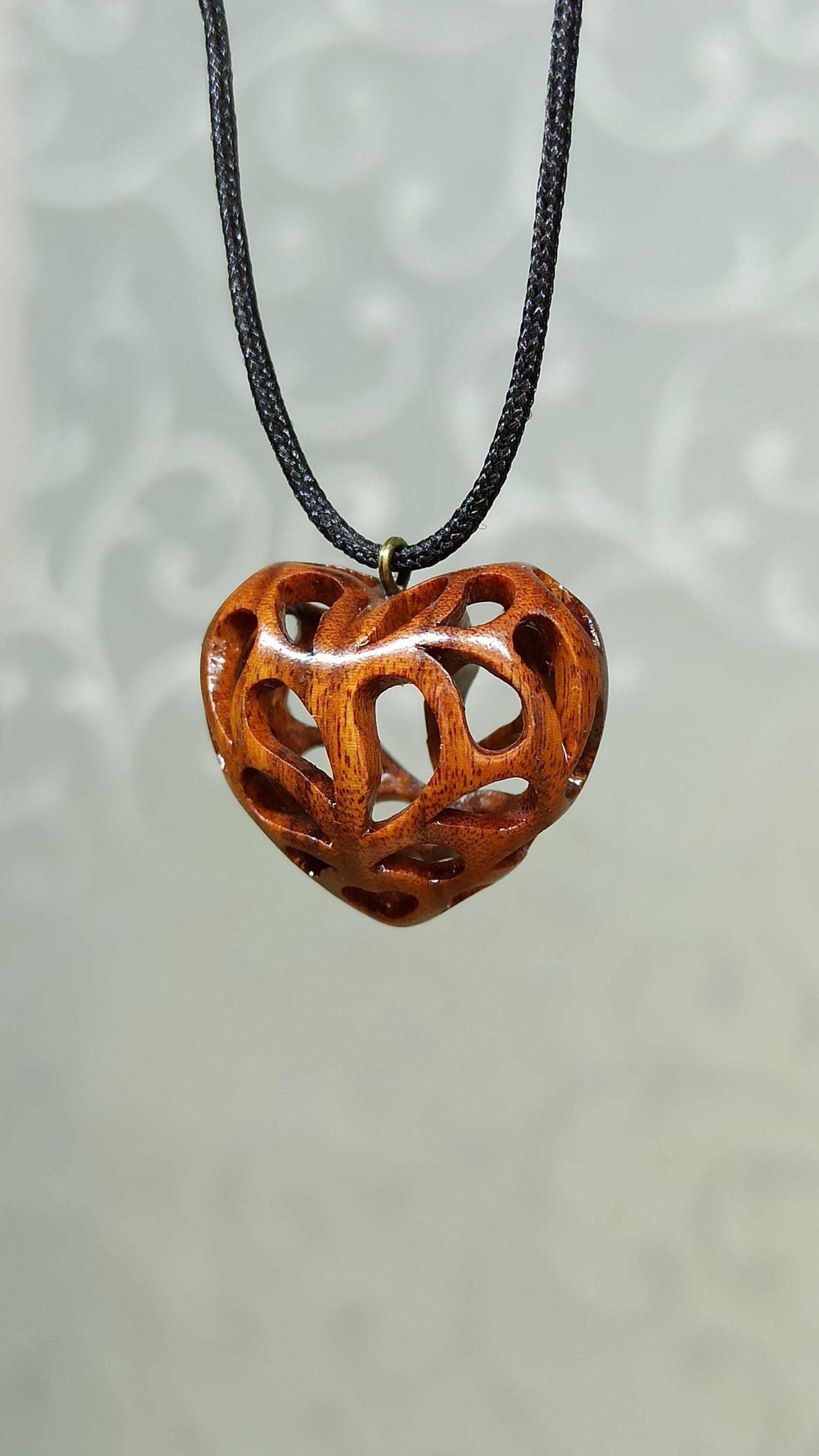 Wooden Handmade Pendant Openwork Heart, Rosewood, Amaranth, Mahogany, Bog oak, Maple, Customization - Thumbnail 4