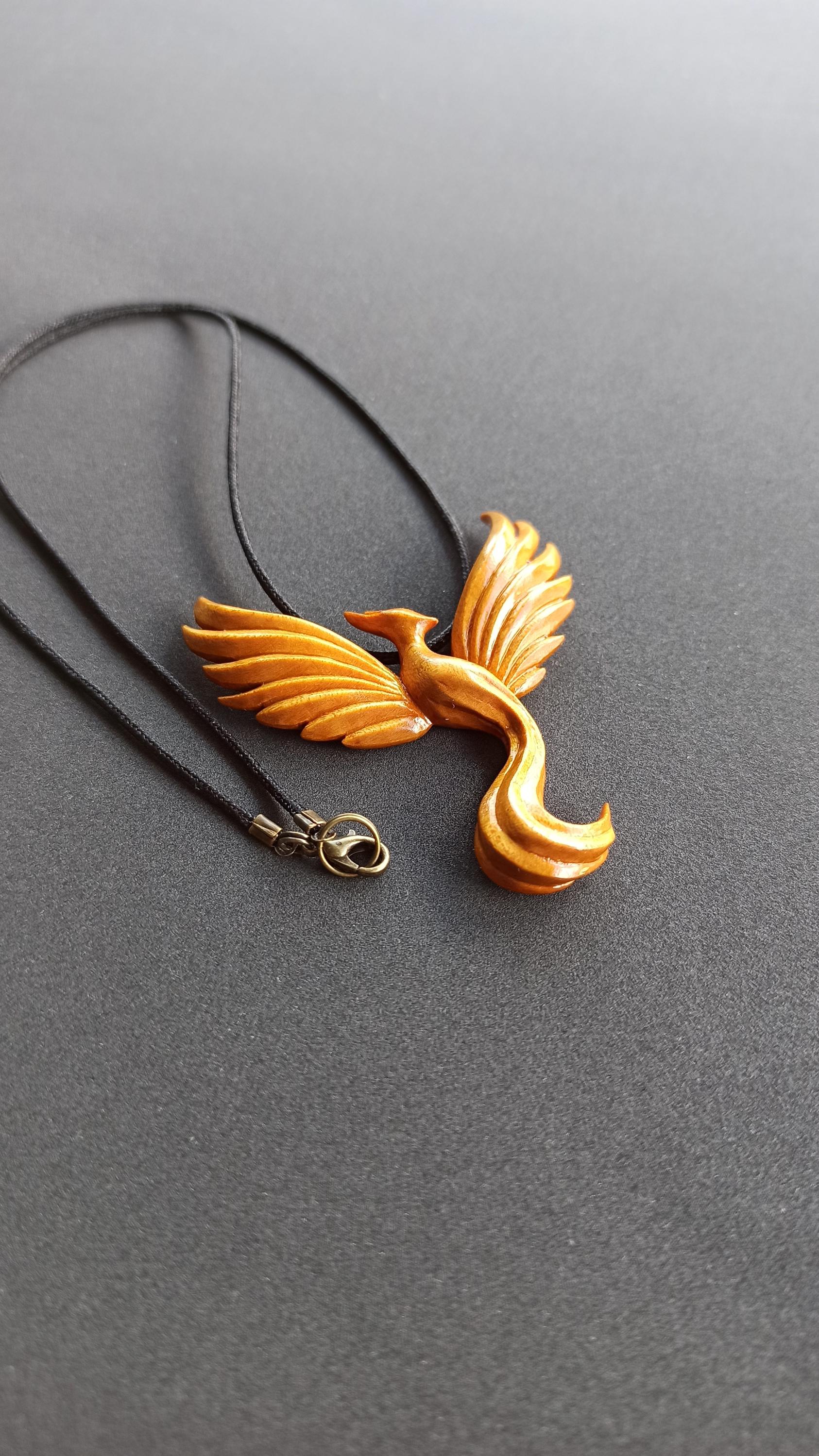 Wooden Handmade Phoenix Pendant, Golden maple, Rosewood, Amaranth, Padauk, Customization - Thumbnail 4