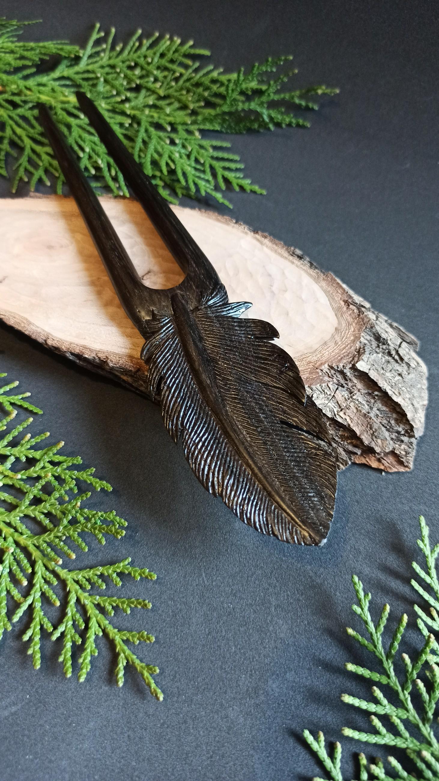 Hand Carved Bog Oak Feather Hair Fork, Ancient Wood Hair Pin, Dark Academia Hair Accessory, Choice of 4 Woods & Set - Thumbnail 4