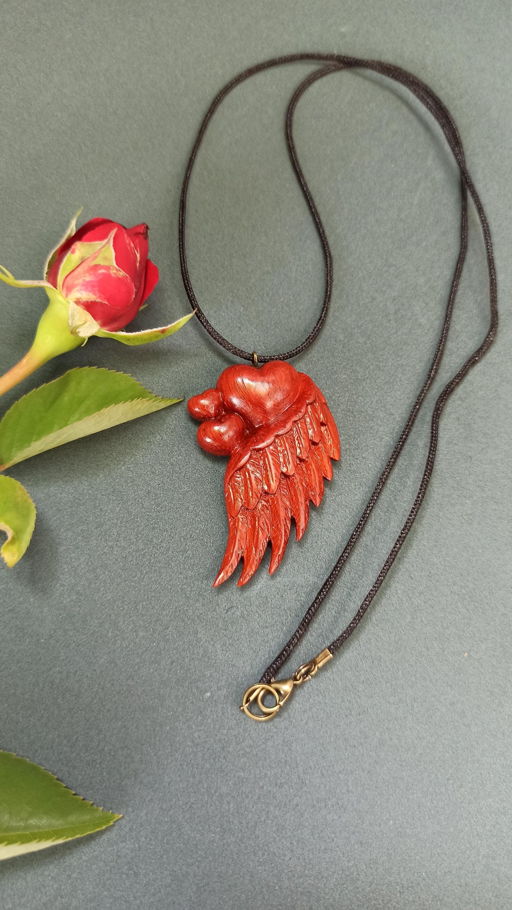 Wooden Handmade Angel Wing Heart Pendant, Golden maple, Padauk, Basswood, Linden, Customization - Thumbnail 4