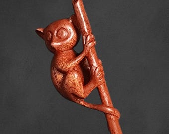 Hand Carved Wooden Galago Pendant featuring a Realistic Bushbaby Clinging to a Branch, Sapele Wood Necklace