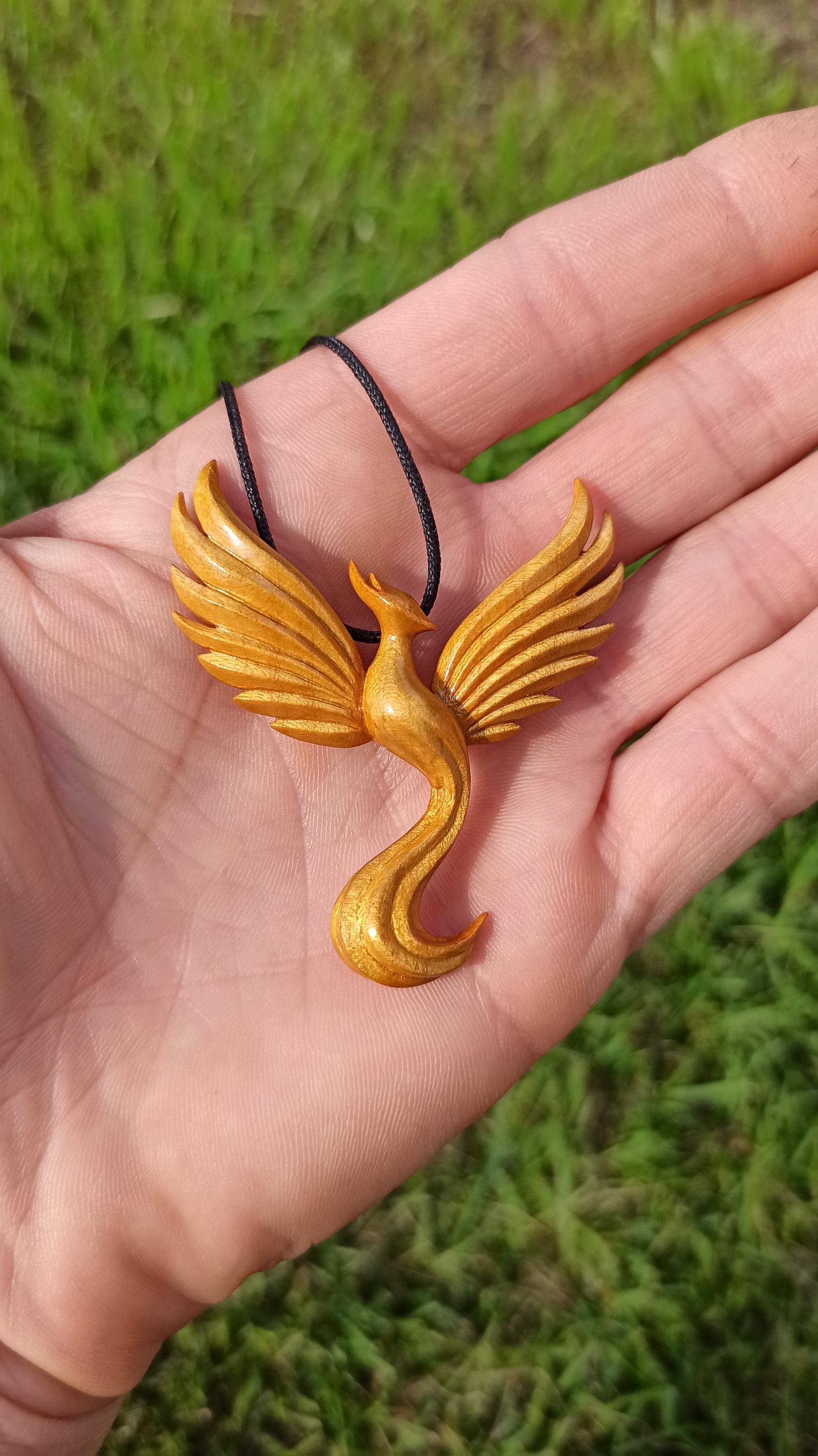 Wooden Handmade Phoenix Pendant, Golden maple, Rosewood, Amaranth, Padauk, Customization - Thumbnail 6