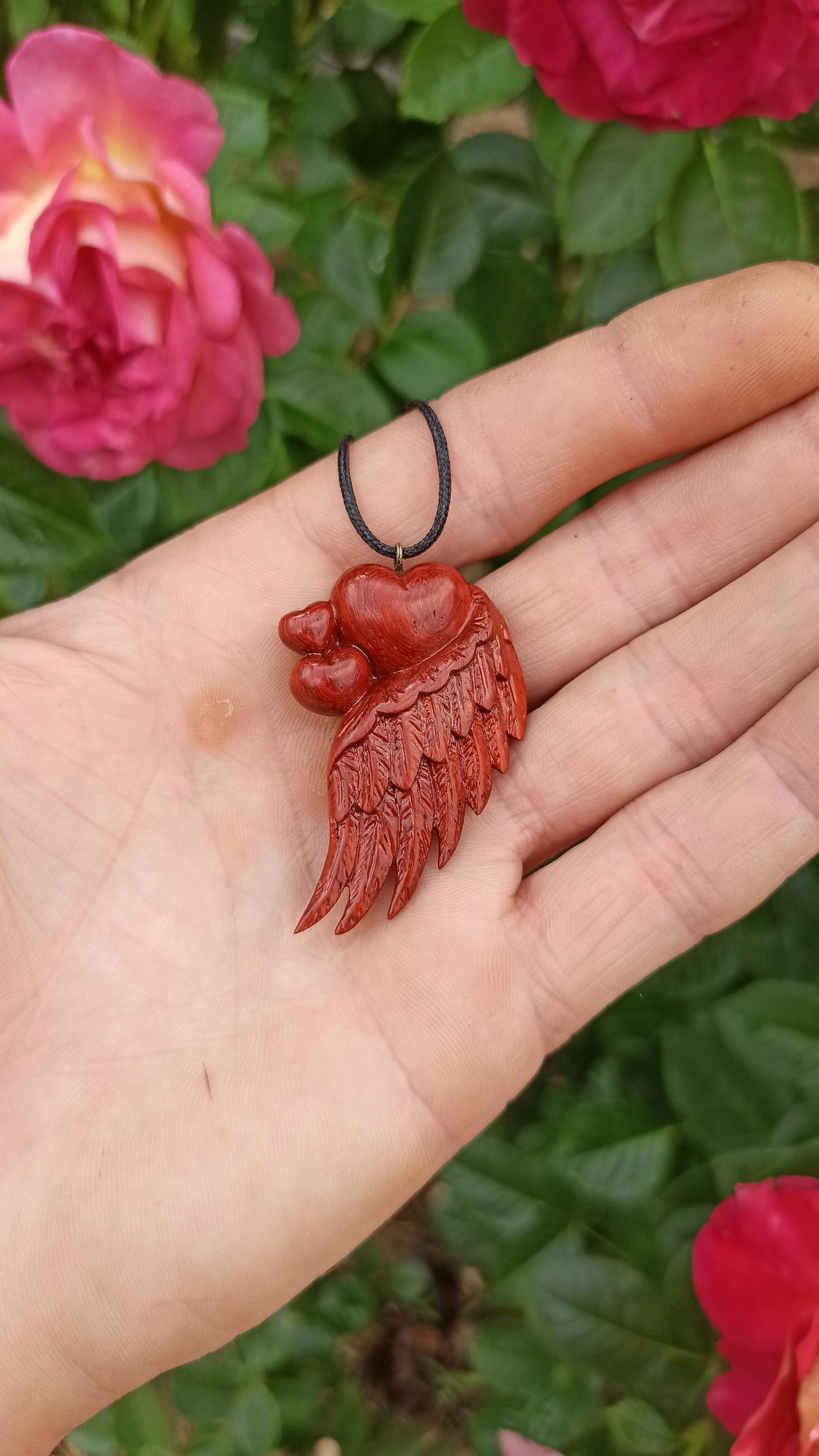 Wooden Handmade Angel Wing Heart Pendant, Golden maple, Padauk, Basswood, Linden, Customization - Thumbnail 5