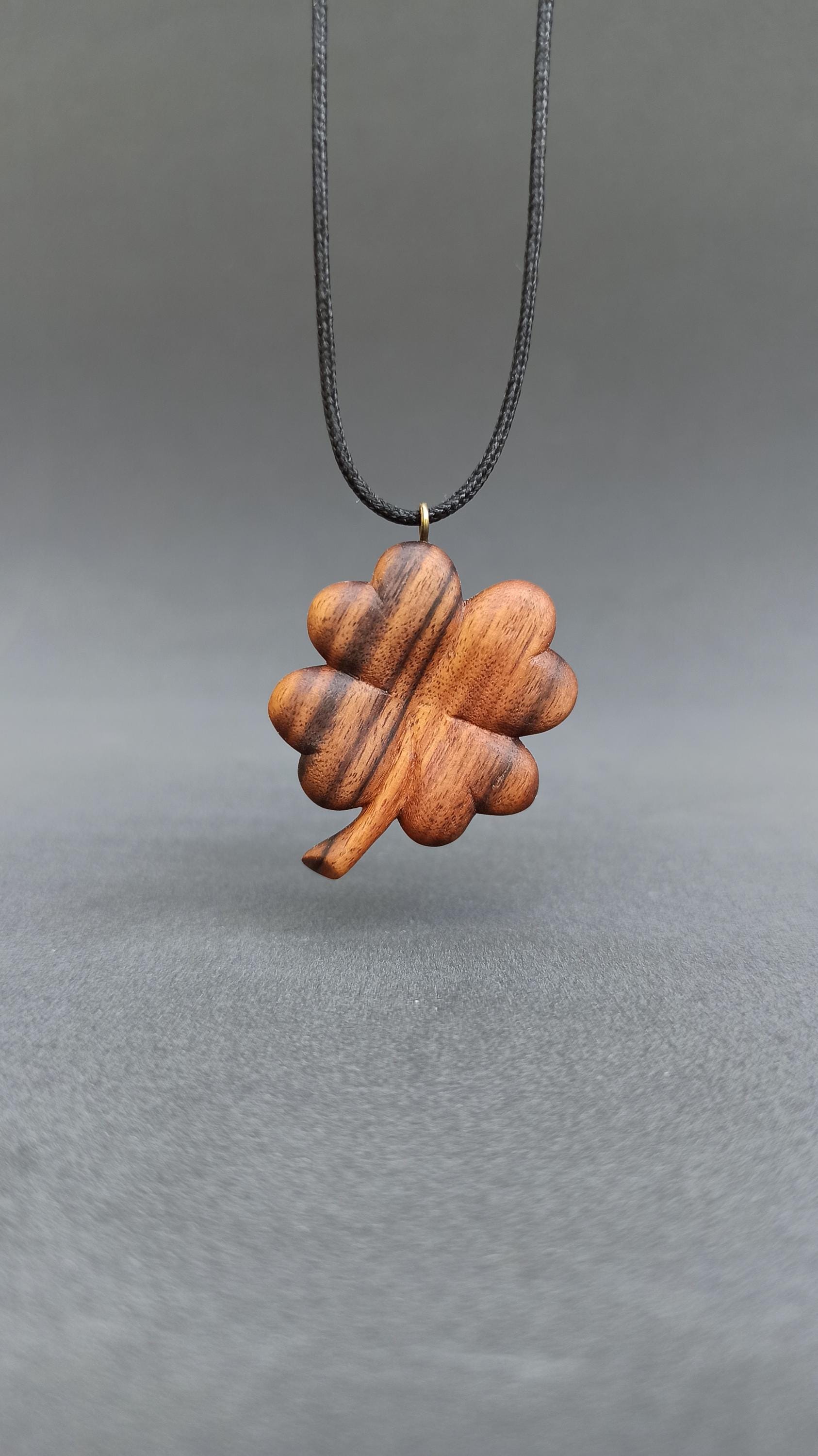 Shamrock Handmade Wooden Pendant, Rosewood, Four-Leaf Clover, Customization - Thumbnail 4