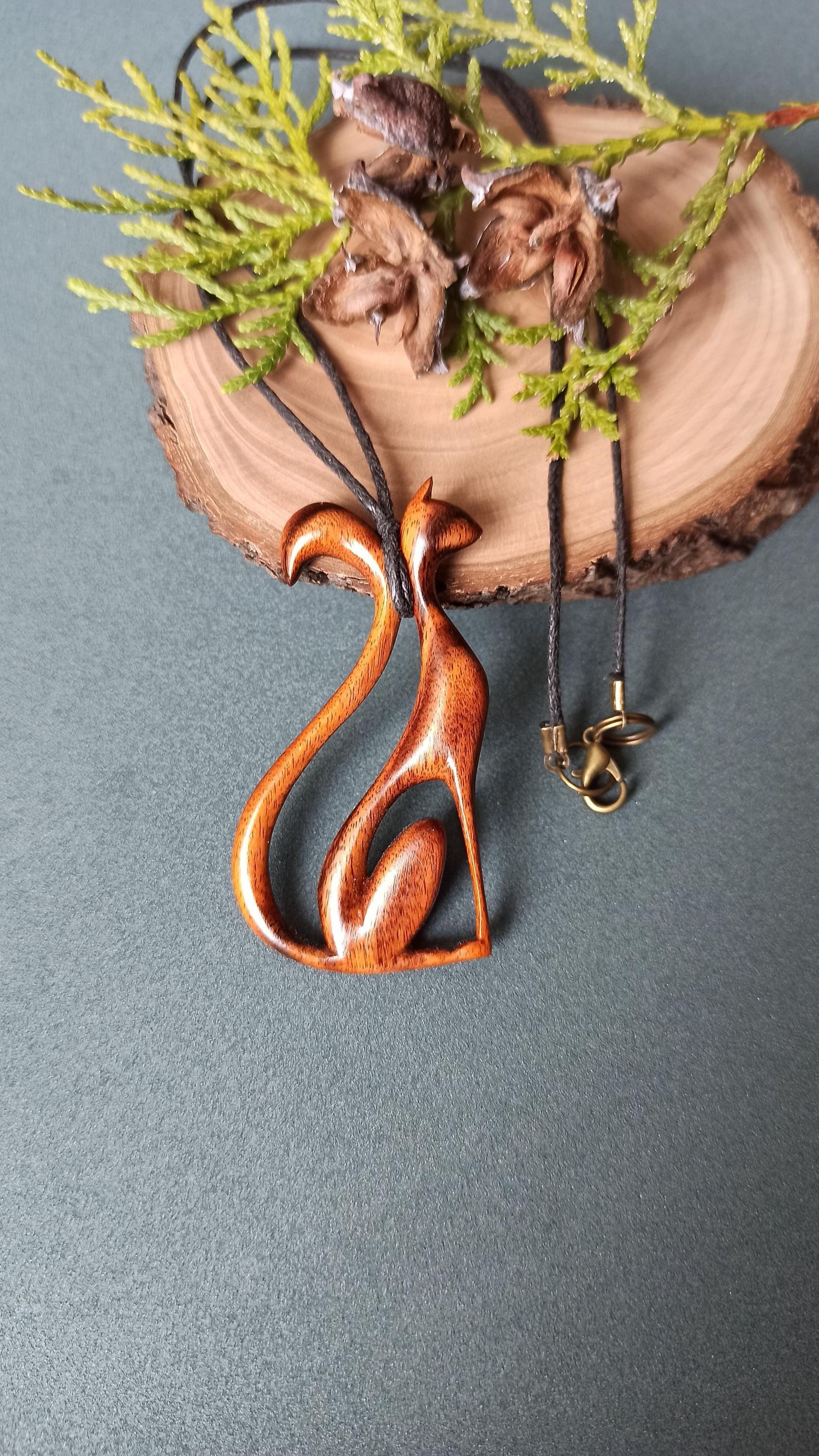 Wooden Handmade Graceful Cat Pendant, Rosewood, Bog oak, Customization - Thumbnail 2