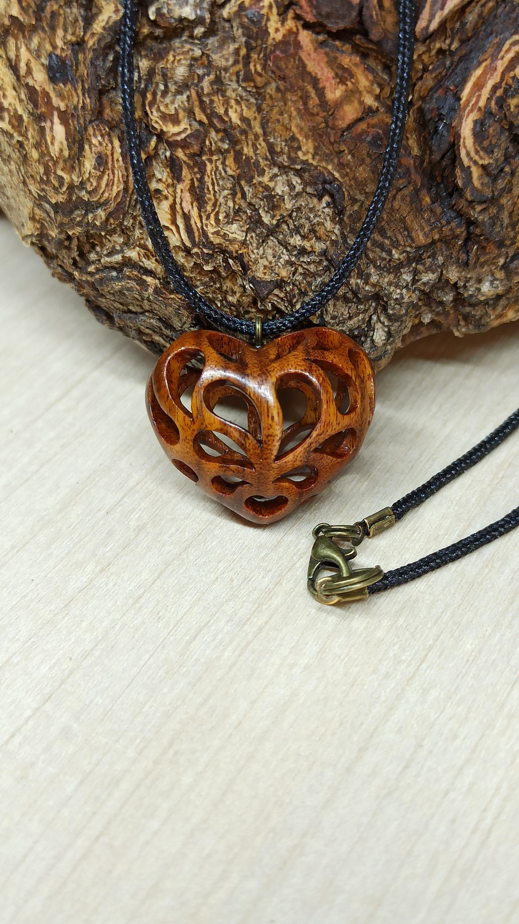 Wooden Handmade Pendant Openwork Heart, Rosewood, Amaranth, Mahogany, Bog oak, Maple, Customization - Thumbnail 2