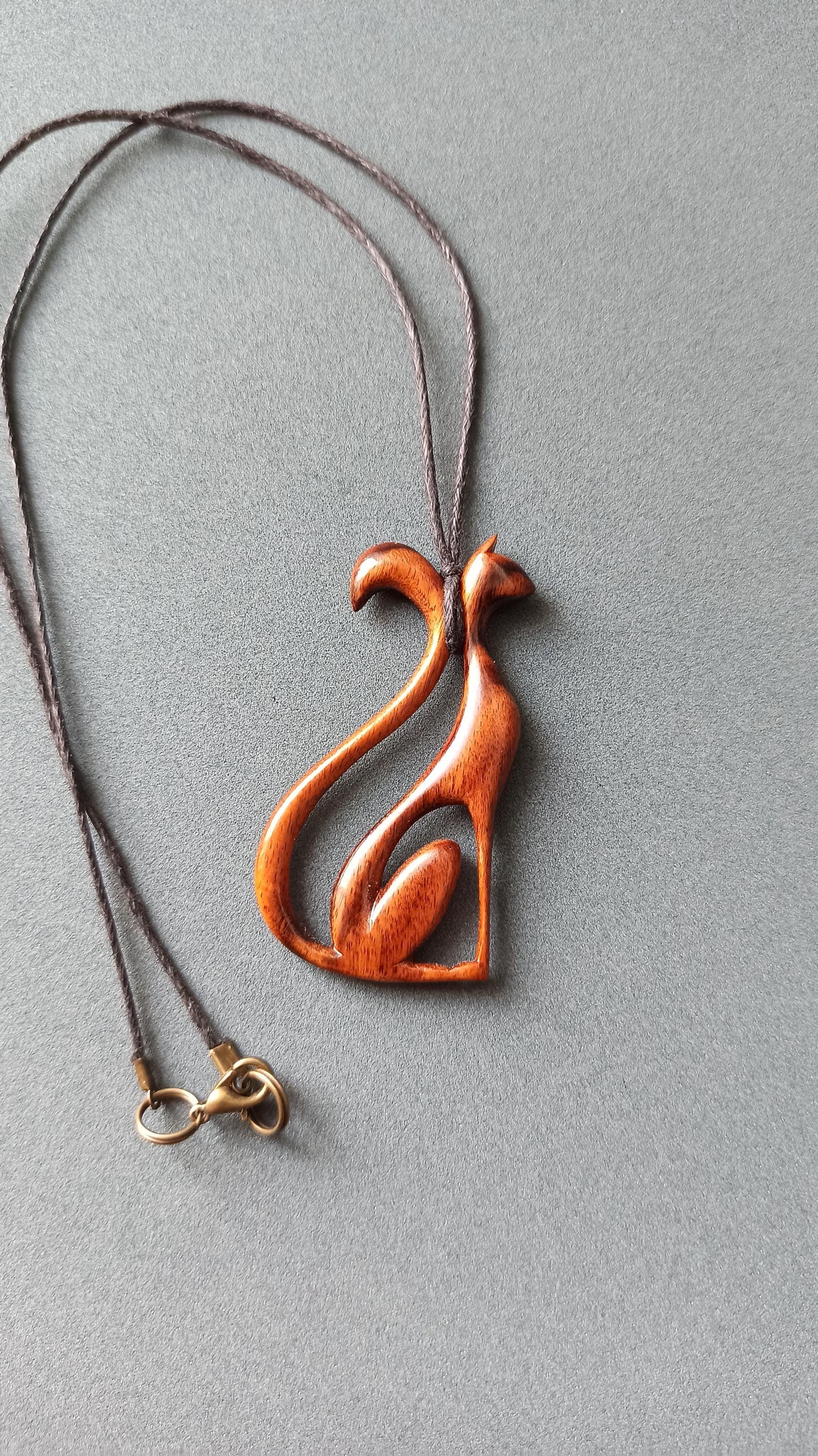 Wooden Handmade Graceful Cat Pendant, Rosewood, Bog oak, Customization - Thumbnail 4