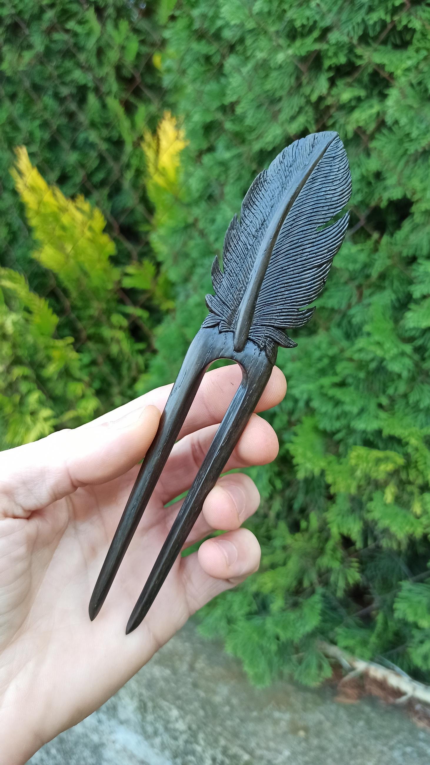 Hand Carved Bog Oak Feather Hair Fork, Ancient Wood Hair Pin, Dark Academia Hair Accessory, Choice of 4 Woods & Set - Thumbnail 2