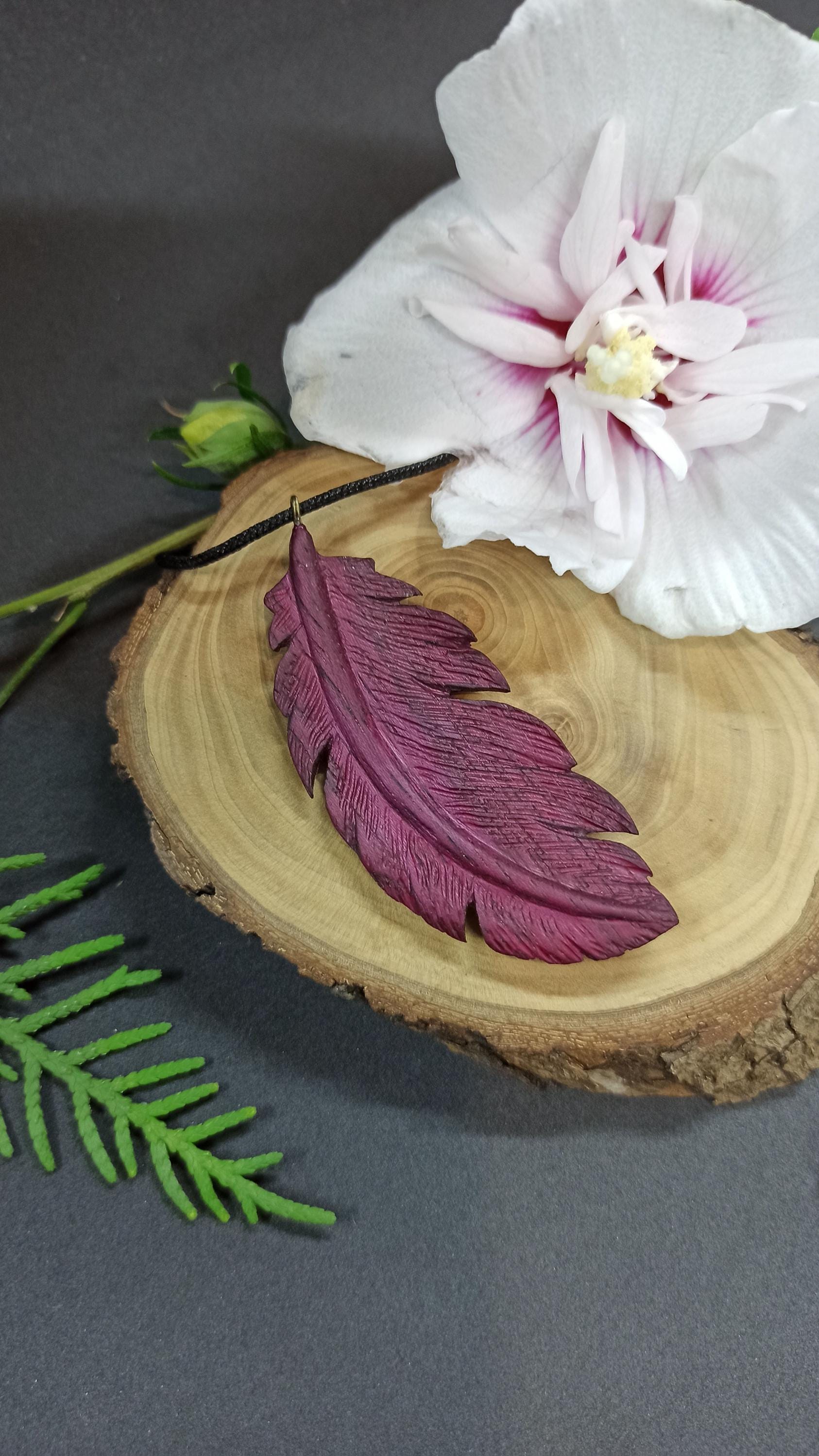 Wooden Handmade Feather Pendant Feather, Amaranth, Customization - Thumbnail 3
