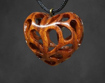 Wooden Handmade Pendant Openwork Heart, Rosewood, Amaranth, Mahogany, Bog oak, Maple, Customization
