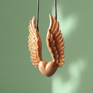 Wooden Handmade Pendant Heart with Wings, Bog oak, Maple, Mahogany, Rosewood, Customization