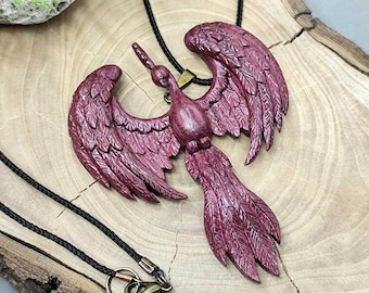 Hand Carved Purpleheart Firebird Pendant, Rising Phoenix Wooden Necklace, Fantasy Bird Jewelry Designed by Brigitta Vecsei