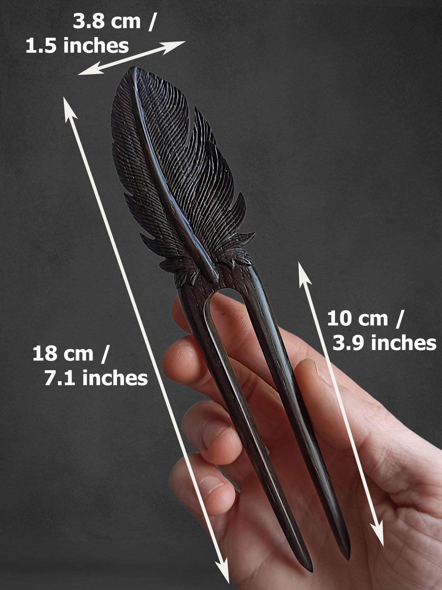 Hand Carved Bog Oak Feather Hair Fork, Ancient Wood Hair Pin, Dark Academia Hair Accessory, Choice of 4 Woods & Set - Thumbnail 5