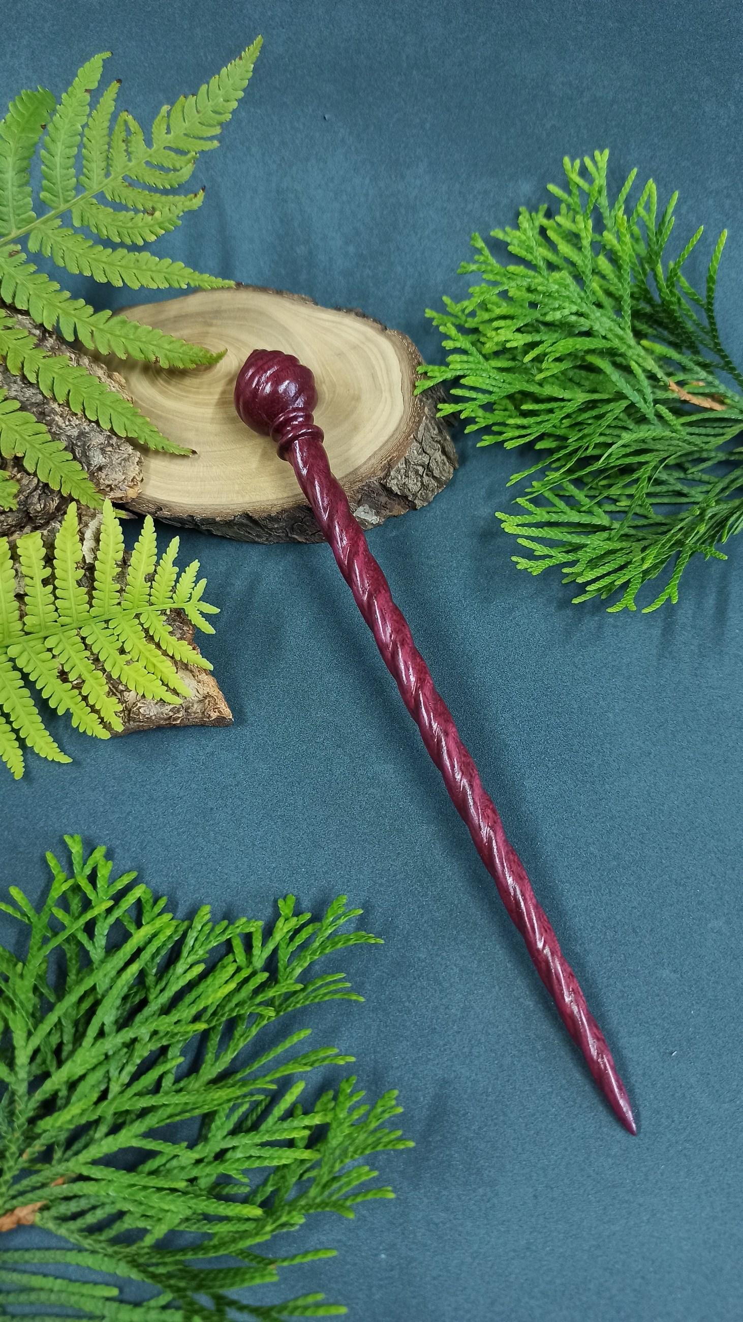 Vibrant Purpleheart Hair Stick, Hand Carved Amaranth Spiral Hair Pin, Magical Fantasy Accessory, Choice of 7 Woods - Thumbnail 4