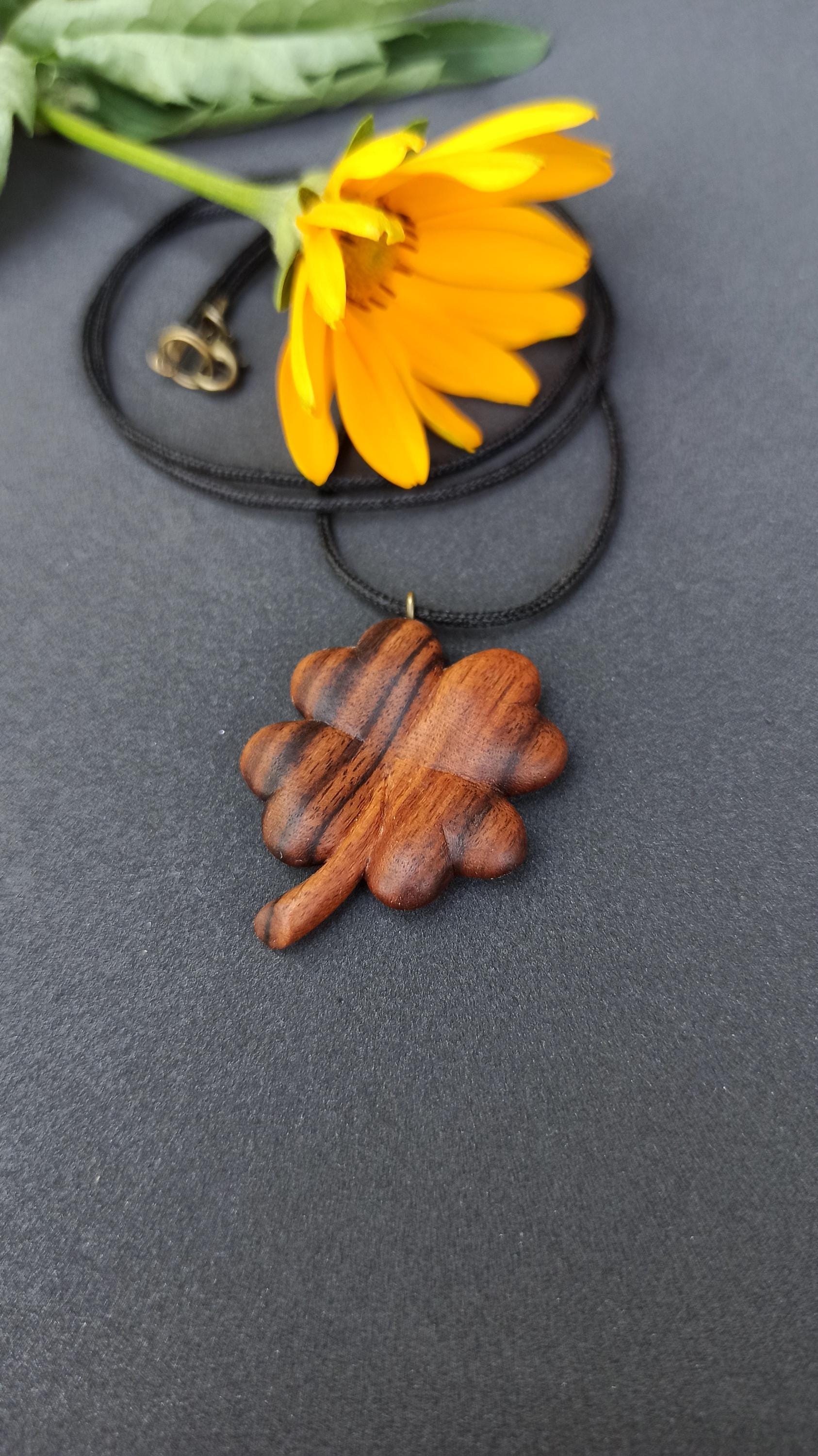 Shamrock Handmade Wooden Pendant, Rosewood, Four-Leaf Clover, Customization - Thumbnail 5