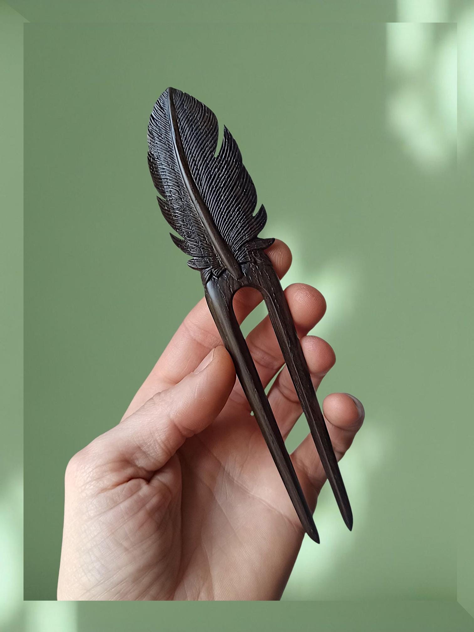 Hand Carved Bog Oak Feather Hair Fork, Ancient Wood Hair Pin, Dark Academia Hair Accessory, Choice of 4 Woods & Set