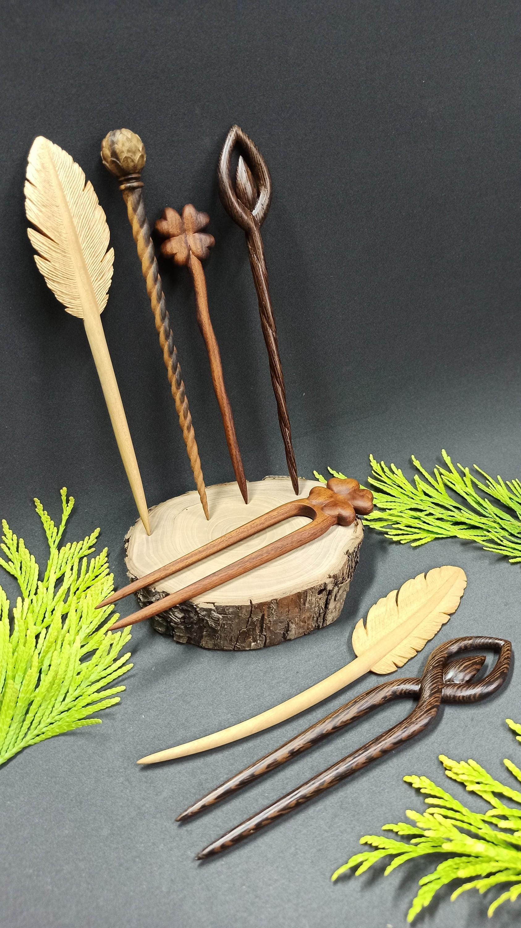 Nature's Hairpin Wooden Handmade Collection, Feather Maple, Droplet Wenge, Shamrock Rosewood, Pinecone European Walnut, Hair Stick Bun Pin - Thumbnail 3