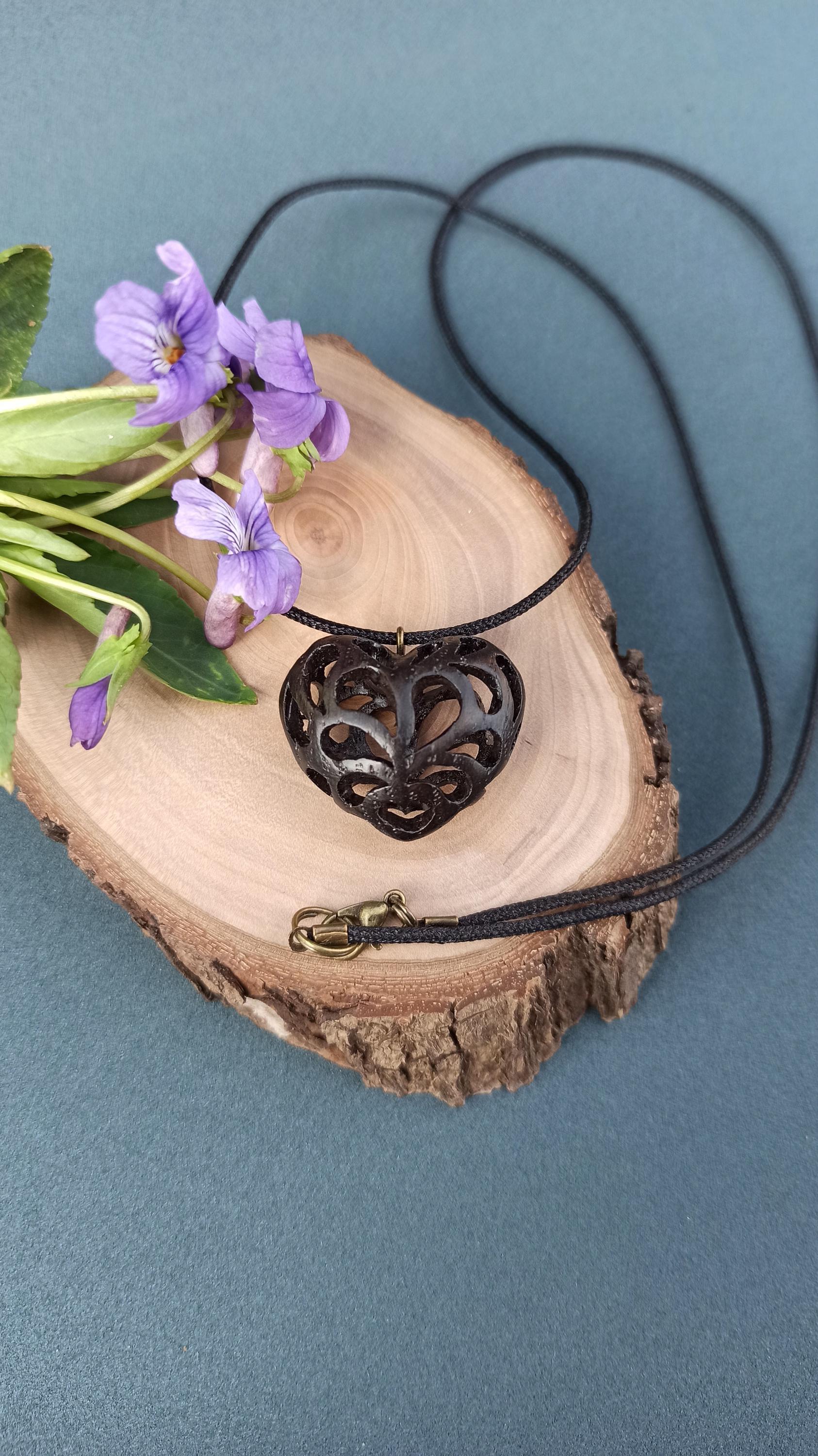 Wooden Handmade Pendant Openwork Heart, Bog oak, Maple, Mahogany, Amaranth, Rosewood, Customization - Thumbnail 3