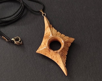 Hand Carved Star Necklace | Acacia Burl Wood Pendant | "Star of Radiance" Geometric Statement Jewelry | Unique Anniversary Gift