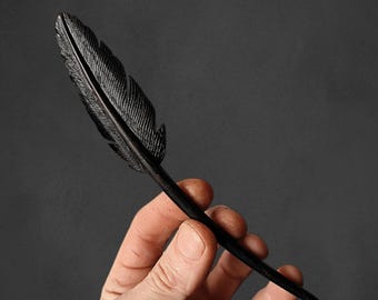 Hand Carved Bog Oak Feather Hair Pin, Dark Wood Artisan Bun Holder and Maple Hair Stick Options