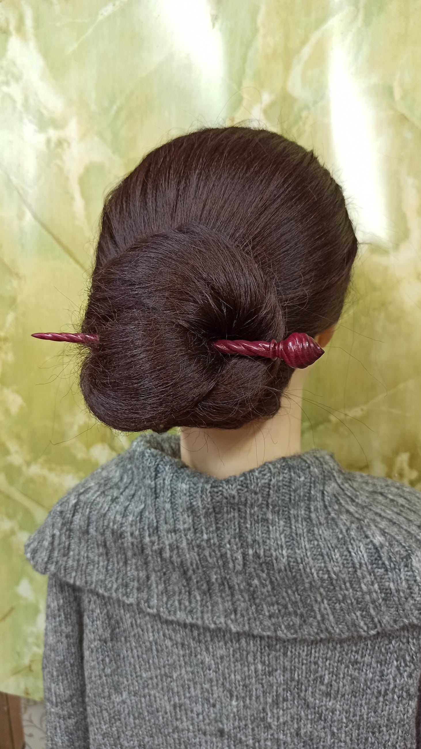 Vibrant Purpleheart Hair Stick, Hand Carved Amaranth Spiral Hair Pin, Magical Fantasy Accessory, Choice of 7 Woods - Thumbnail 5