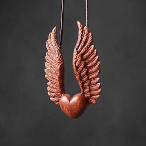 Wooden Handmade Pendant Heart with Wings, Bog oak, Maple, Mahogany, Rosewood, Customization