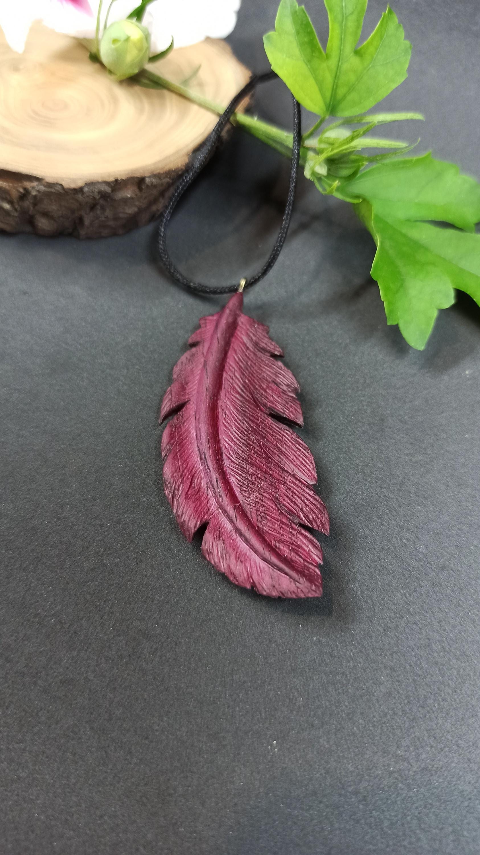 Wooden Handmade Feather Pendant Feather, Amaranth, Customization - Thumbnail 5
