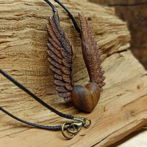 Wooden Handmade Pendant Heart with Wings, Bog oak, Maple, Mahogany, Rosewood, Customization