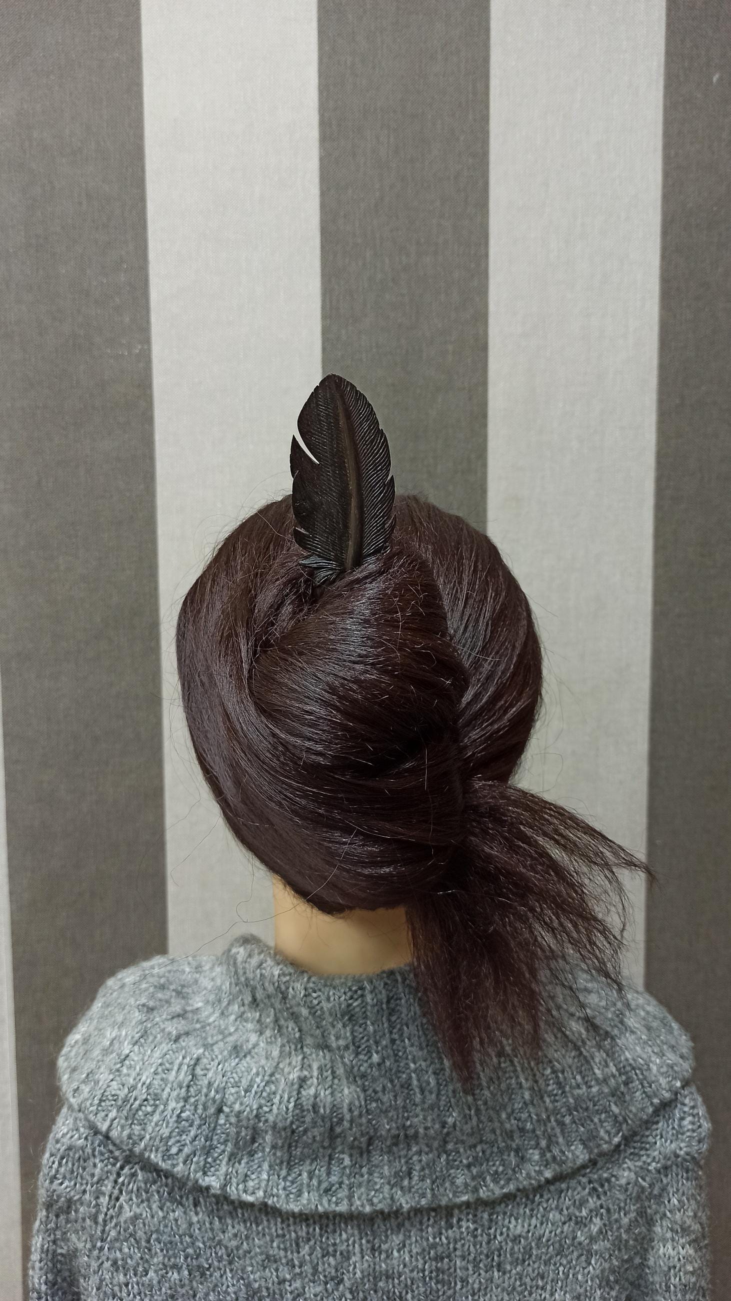 Hand Carved Bog Oak Feather Hair Fork, Ancient Wood Hair Pin, Dark Academia Hair Accessory, Choice of 4 Woods & Set - Thumbnail 6