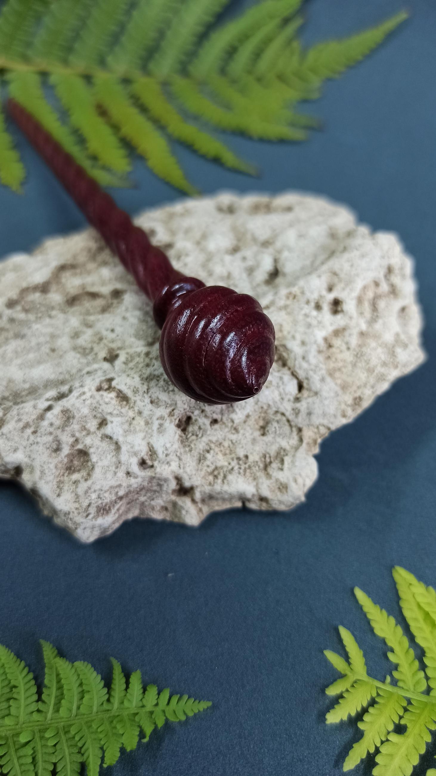 Vibrant Purpleheart Hair Stick, Hand Carved Amaranth Spiral Hair Pin, Magical Fantasy Accessory, Choice of 7 Woods - Thumbnail 2