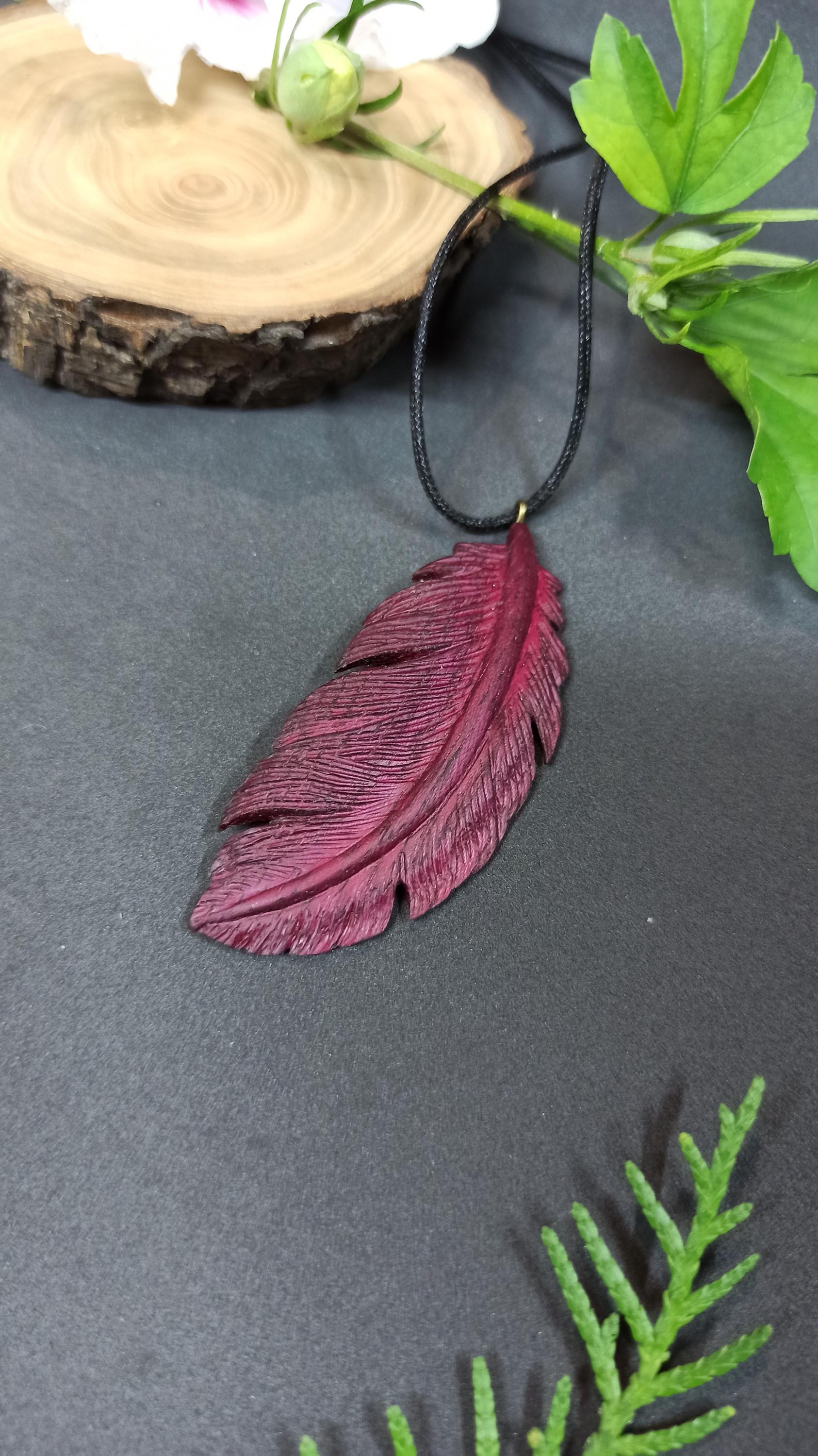 Wooden Handmade Feather Pendant Feather, Amaranth, Customization - Thumbnail 2
