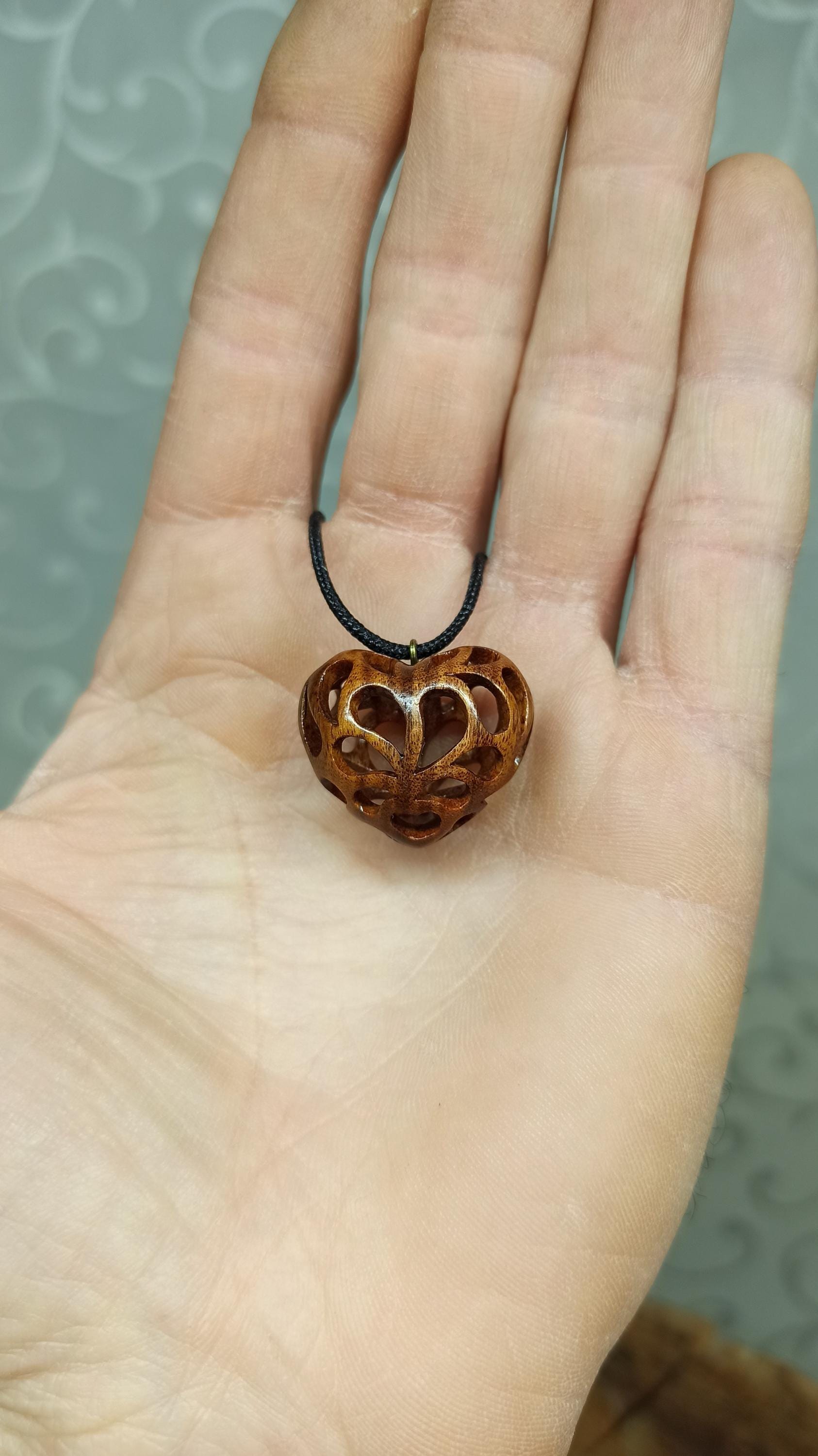Wooden Handmade Pendant Openwork Heart, Rosewood, Amaranth, Mahogany, Bog oak, Maple, Customization - Thumbnail 5