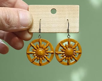 Hand Carved Wooden Sun Earrings, Golden Maple Dangles, Boho Celestial Jewelry, Lightweight Hippie Gift for Her