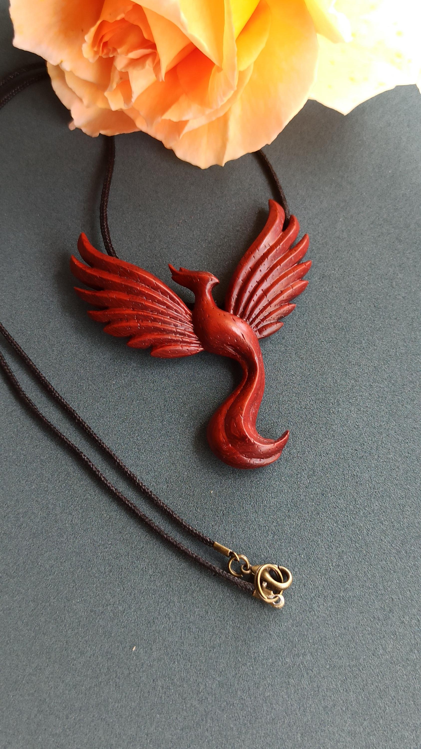 Wooden Handmade Phoenix Pendant, Padauk,Amaranth, Rosewood, Golden maple, Customization - Thumbnail 4