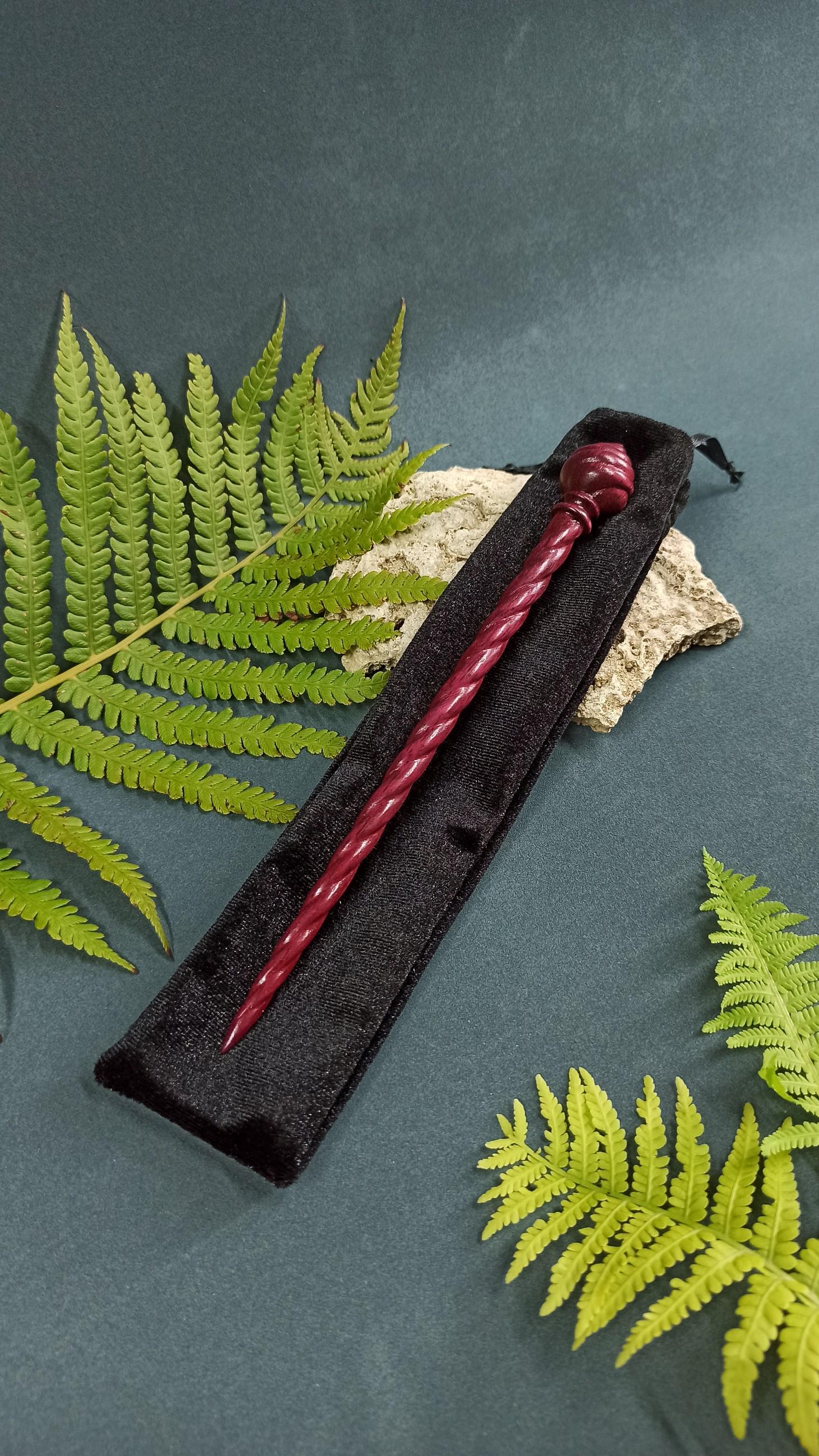 Vibrant Purpleheart Hair Stick, Hand Carved Amaranth Spiral Hair Pin, Magical Fantasy Accessory, Choice of 7 Woods - Thumbnail 3