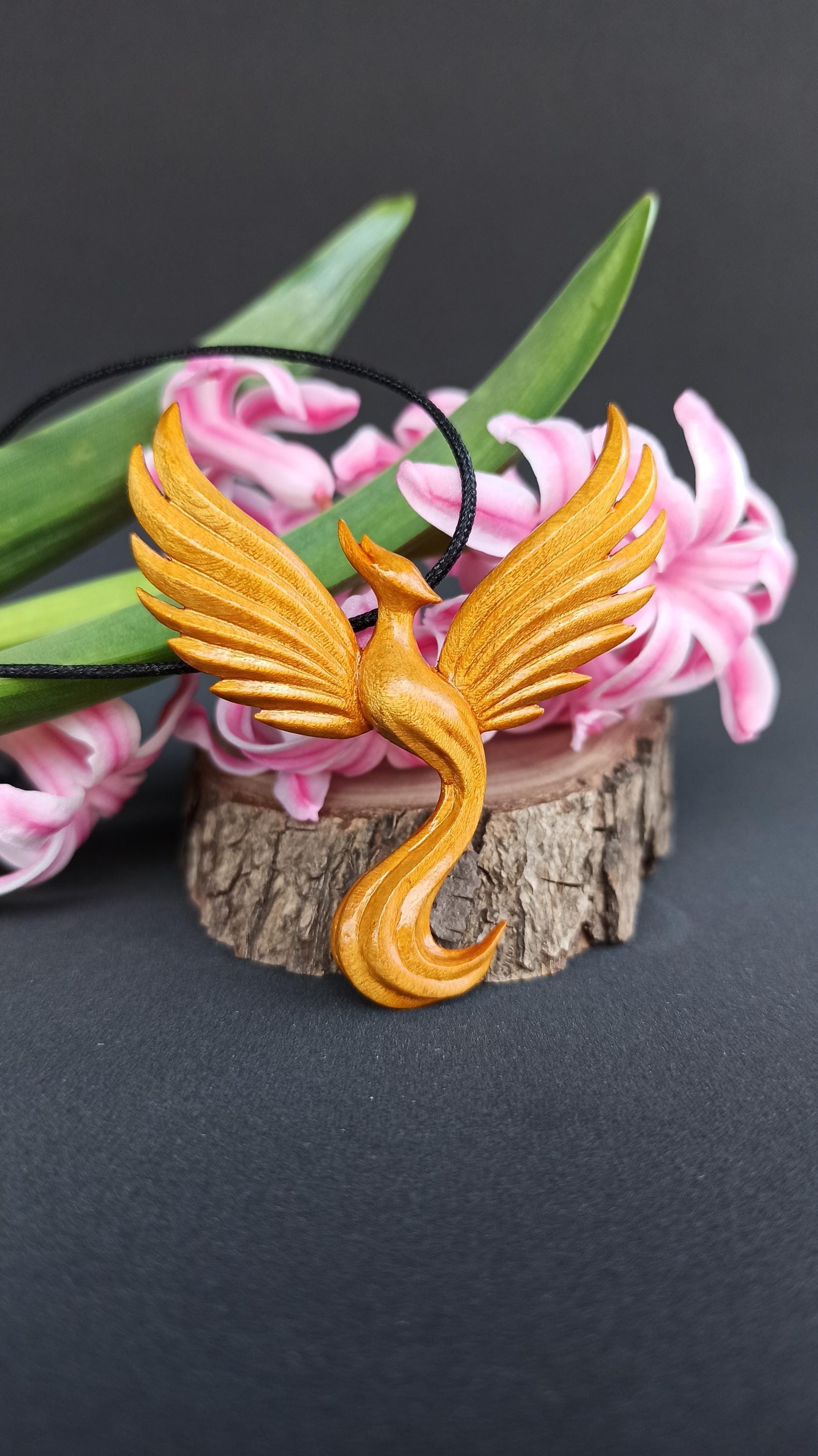 Wooden Handmade Phoenix Pendant, Golden maple, Rosewood, Amaranth, Padauk, Customization - Thumbnail 5