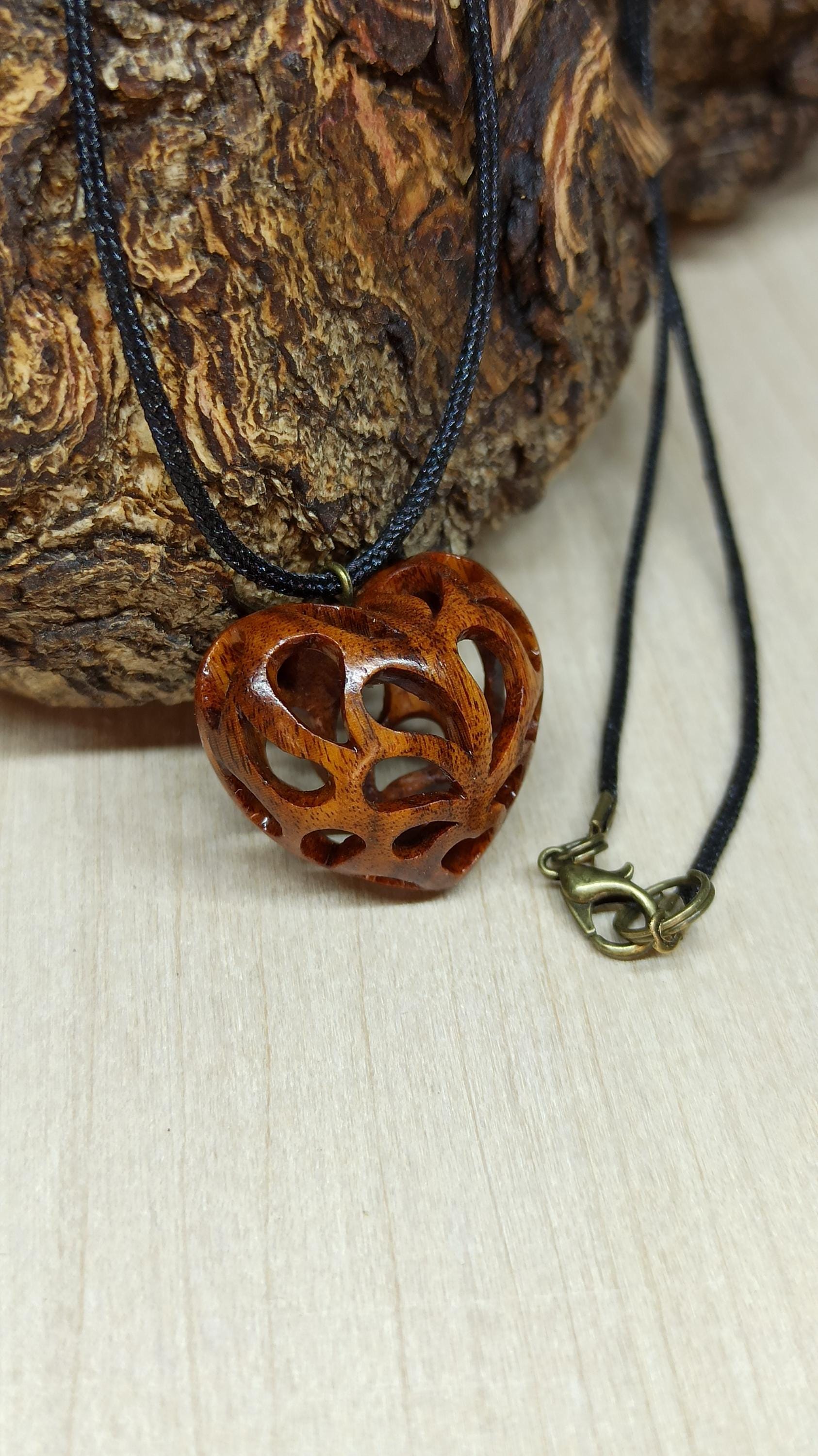 Wooden Handmade Pendant Openwork Heart, Rosewood, Amaranth, Mahogany, Bog oak, Maple, Customization - Thumbnail 3