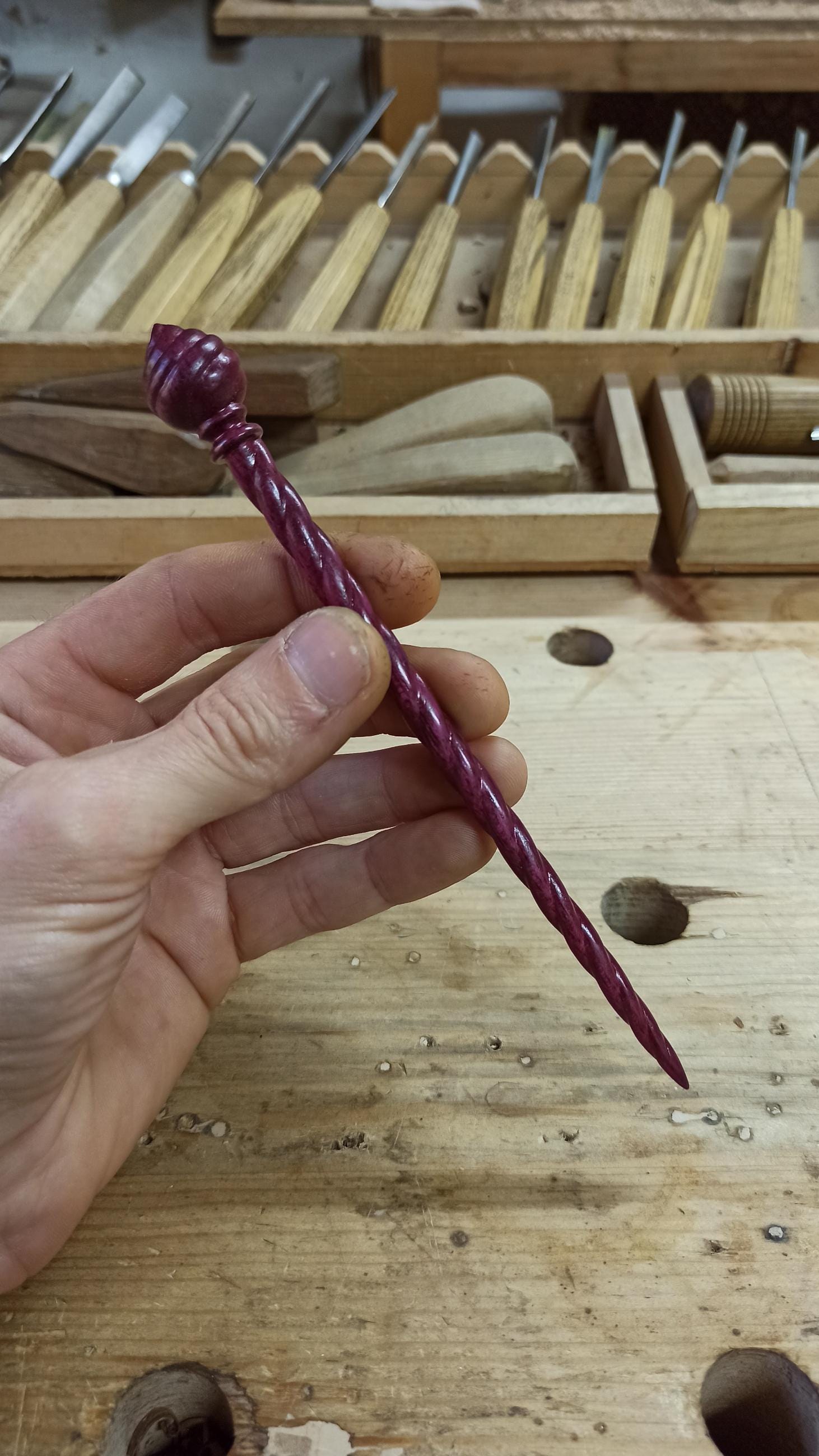 Vibrant Purpleheart Hair Stick, Hand Carved Amaranth Spiral Hair Pin, Magical Fantasy Accessory, Choice of 7 Woods - Thumbnail 7