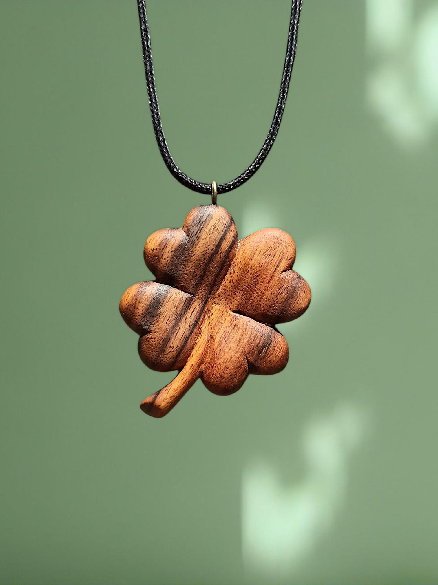 Shamrock Handmade Wooden Pendant, Rosewood, Four-Leaf Clover, Customization