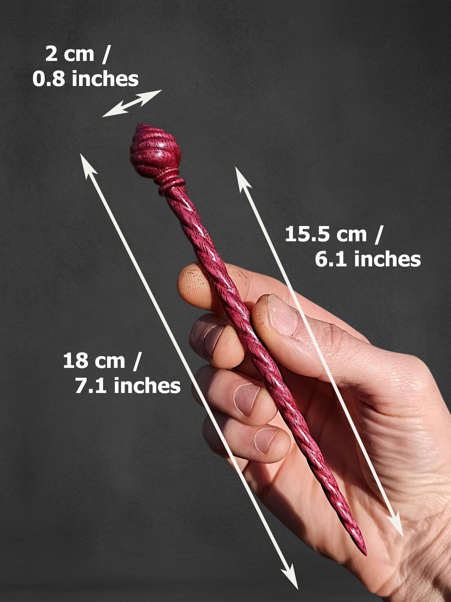 Vibrant Purpleheart Hair Stick, Hand Carved Amaranth Spiral Hair Pin, Magical Fantasy Accessory, Choice of 7 Woods - Thumbnail 6