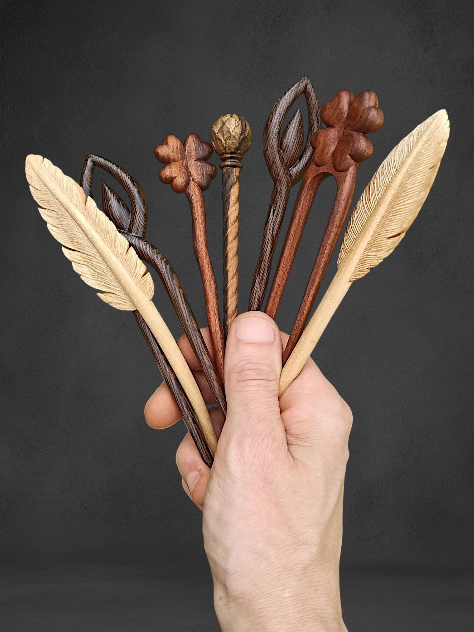 Nature's Hairpin Wooden Handmade Collection, Feather Maple, Droplet Wenge, Shamrock Rosewood, Pinecone European Walnut, Hair Stick Bun Pin
