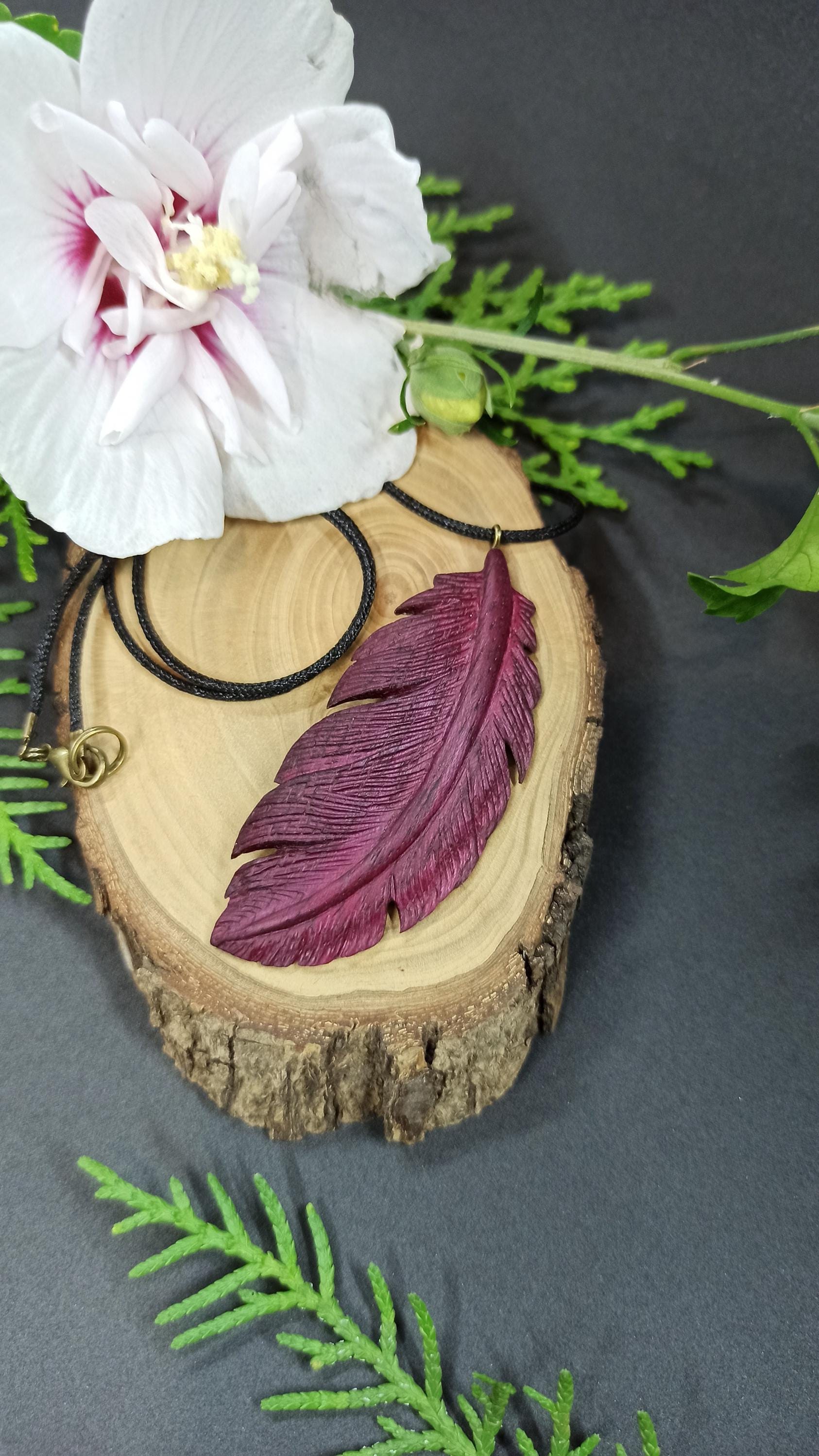 Wooden Handmade Feather Pendant Feather, Amaranth, Customization - Thumbnail 6