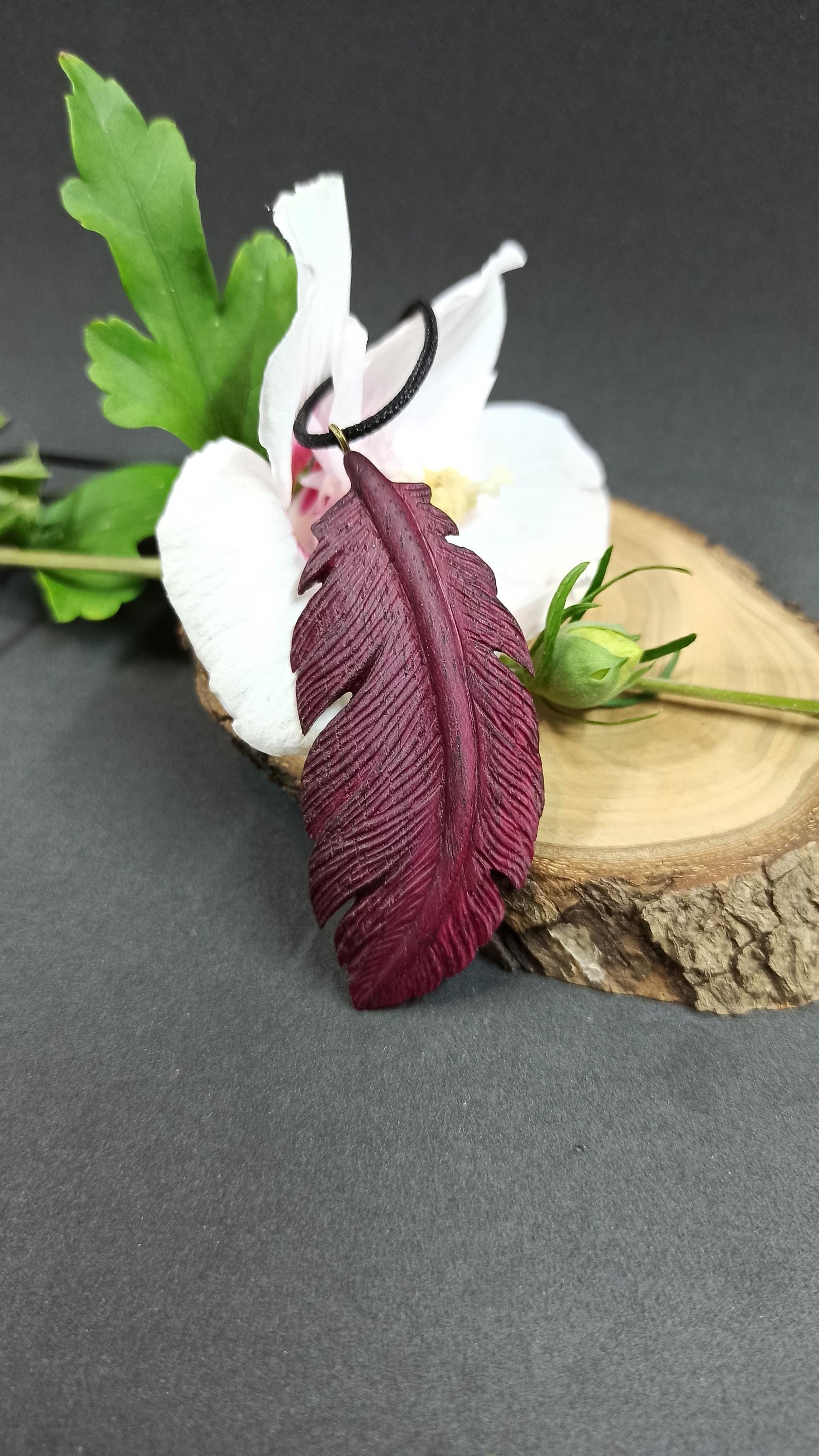Wooden Handmade Feather Pendant Feather, Amaranth, Customization - Thumbnail 4