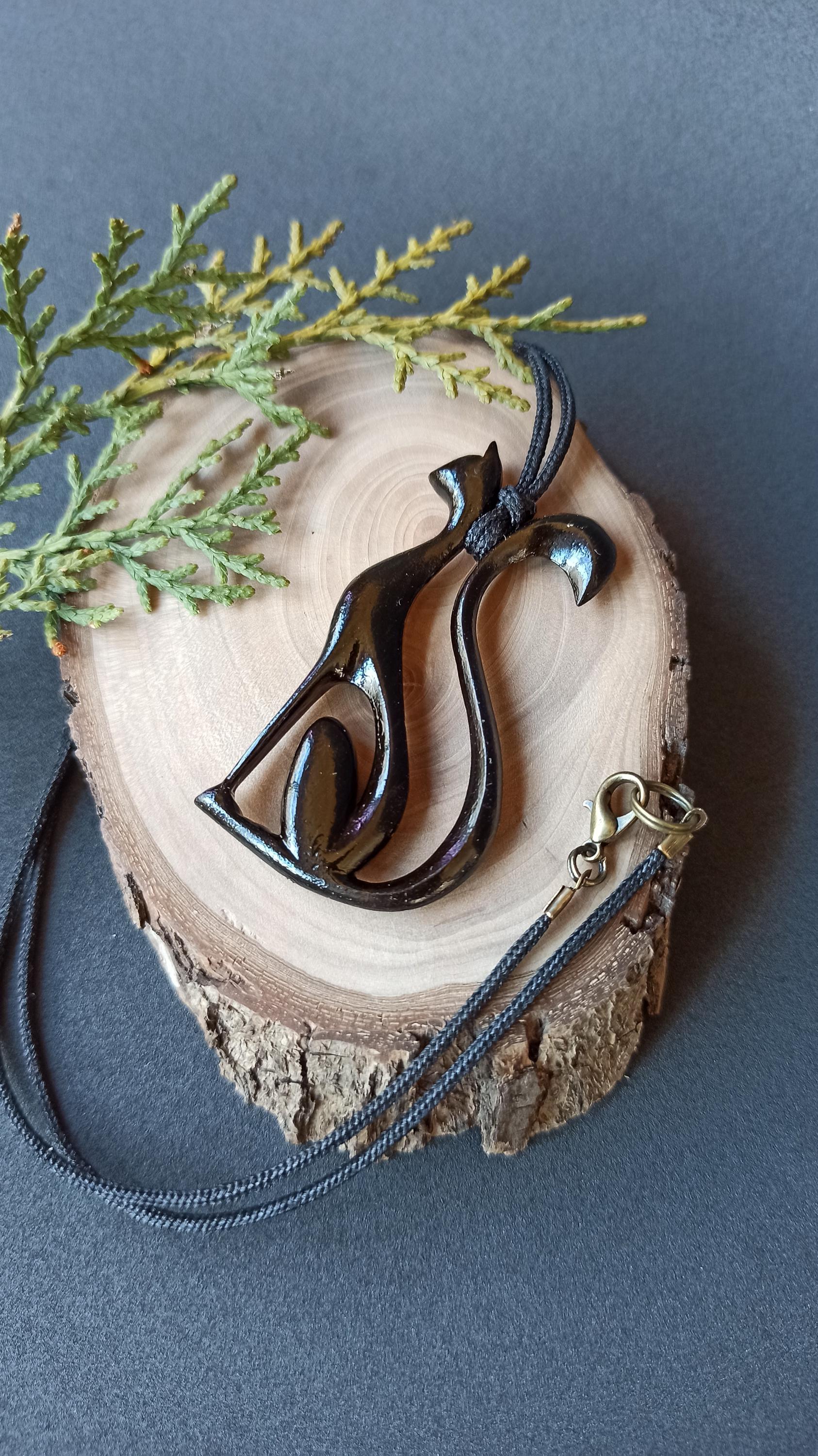 Wooden Handmade Graceful Cat Pendant, Rosewood, Bog oak, Customization - Thumbnail 7