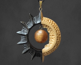 Wood Eclipse Necklace | Hand Carved Sun and Moon Pendant | Celestial Bog Oak & Maple Jewelry | Unique Astronomy Gift